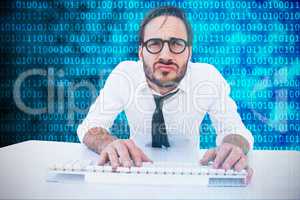 Composite image of business worker with reading glasses on compu