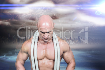 Composite image of bald man with rope around neck