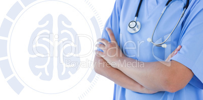 Composite image of close-up view of doctor standing with arms cr