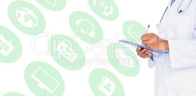 Composite image of midsection of male doctor writing on clipboar