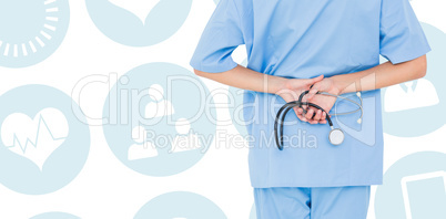 Composite image of rear view of female surgeon holding stethosco Composite image of rear view of female surgeon holding stethosco