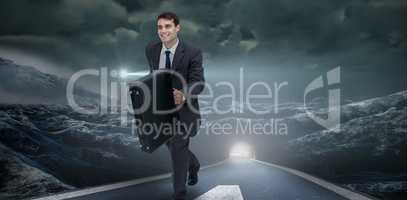 Composite image of smiling businessman in a hurry