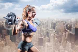 Composite image of side view of woman exercising with crossfit