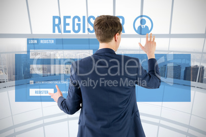 Composite image of wear view of businessman showing his hand