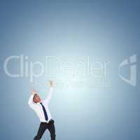 Composite image of businessman with hands raised on white backgr