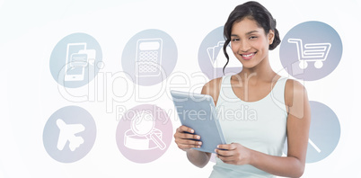 Composite image of portrait of smiling businesswoman using table