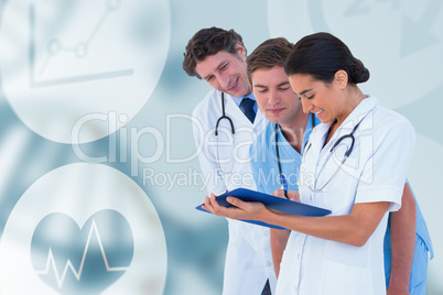 Composite image of happy doctors discussing on white background