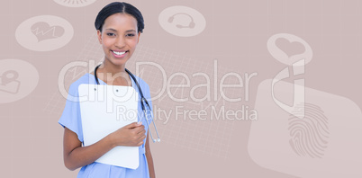 Composite image of smiling female surgeon holding clipboard