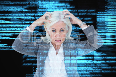 Composite image of portrait of stressed businesswoman with hands