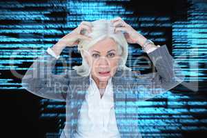 Composite image of portrait of stressed businesswoman with hands