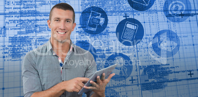 Composite image of smiling businessman using tablet computer ove