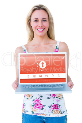 Composite image of smiling blonde presenting her laptop