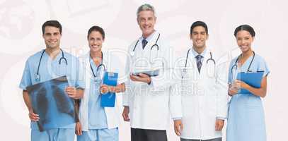 Composite image of portrait of confident medical team