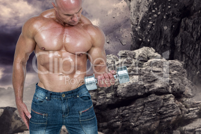 Composite image of bald man lifting dumbbells