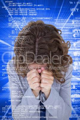Composite image of upset woman with hands covering face