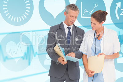 Composite image of male and female doctors discussing over repor