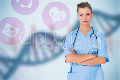 Composite image of serious nurse looking at camera with arms cro