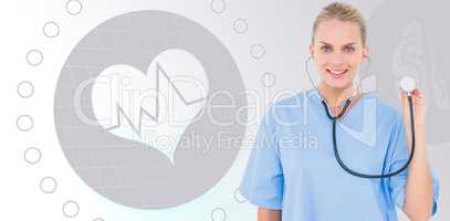Composite image of female surgeon using stethoscope over white b