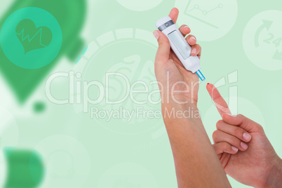 Composite image of woman testing her blood glucose level