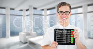 Composite image of geeky businessman showing his tablet pc