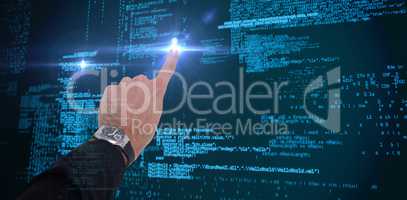 Composite image of businessman hand with watch pointing somethin