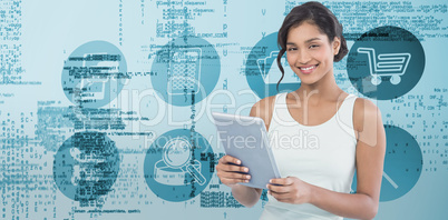 Composite image of portrait of smiling businesswoman using table