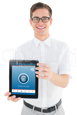 Composite image of geeky businessman showing his tablet pc