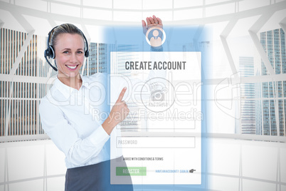 Composite image of smiling businesswoman with headset pointing