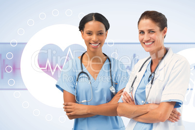 Composite image of portrait of smiling female doctors standing a