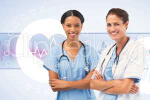 Composite image of portrait of smiling female doctors standing a