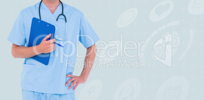 Composite image of male doctor holding clipboard and pen with ha