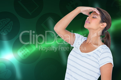 Composite image of upset woman suffering from headache