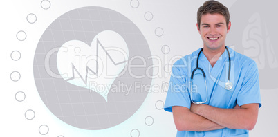 Composite image of young nurse in blue tunic with arms crossed