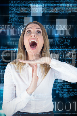 Composite image of stressed businesswoman asking for timeout