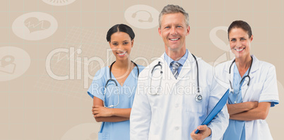 Composite image of portrait of male doctor with female staffs