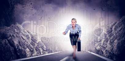Composite image of businesswoman running and holding briefcase