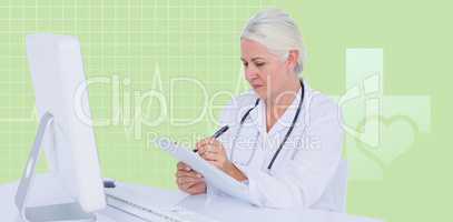 Composite image of female doctor writing on clipboard while sitt