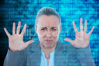 Composite image of upset businesswoman showing her hands