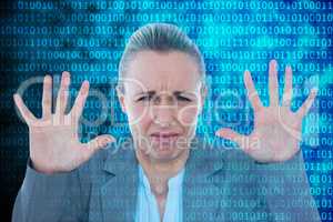 Composite image of upset businesswoman showing her hands