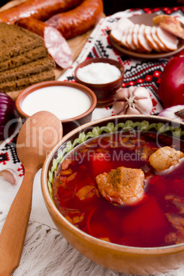 Pieces of meat in the borscht soup