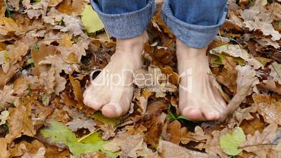 barefoot in autumn leaves