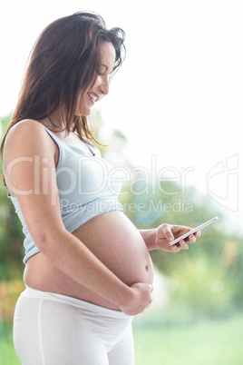 Pregnant woman touching her belly and texting