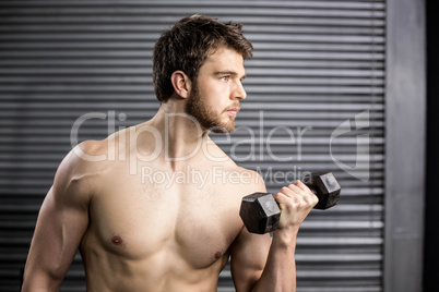 Side view of serious man lifting weight