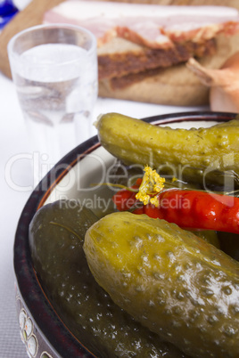 Pickled cucumbers with red hot pepper