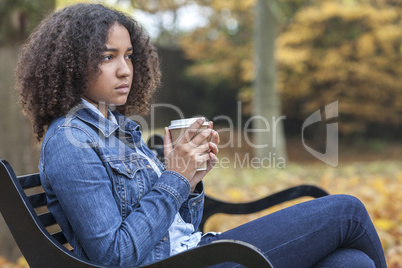 Sad African American Teenager Woman Drinking Coffee