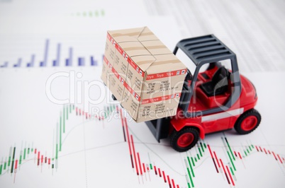 Forklift truck toys with boxes. Concept of international freight