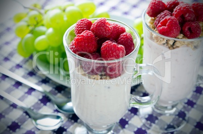 Glass of dessert with yoghurt, fresh berries and muesli