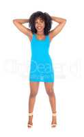 African American woman in blue dress.