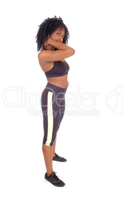 African American woman in exercise outfit.