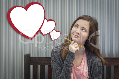 Daydreaming Girl With Blank Floating Hearts - Clipping Path